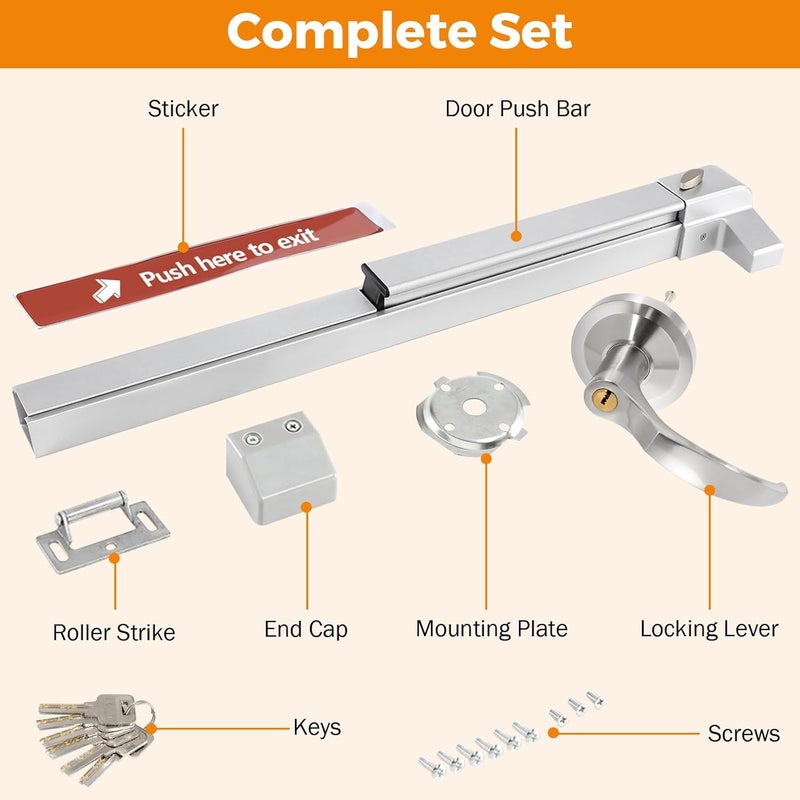 BEAMNOVA 27.5 in Commercial Door Push Bar Panic Exit Device with Exterior Lever Lock Key Roller Strike Plate End Cap Universal Emergency Hardware, for 27.5 to 41 inches Wide Door, Metallic - Image 3